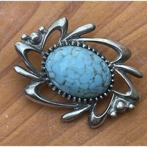 Vintage Bell Brooch Pin 1.5"L Trading Post Jewelry Faux Turquoise & Pewter